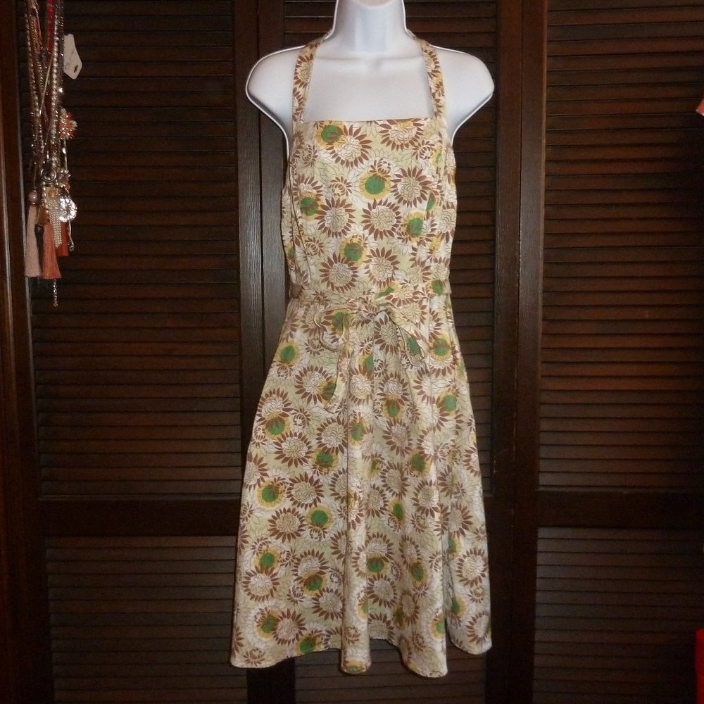 Cotton Halter Dress, Tan Green Yellow Floral, Sz 6